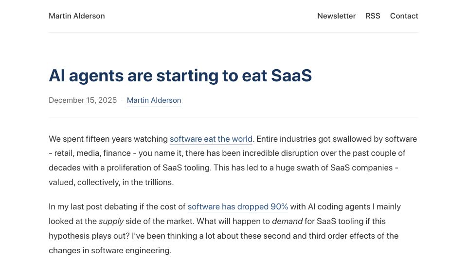 Screenshot of martinalderson.com: AI agents are starting to eat SaaS