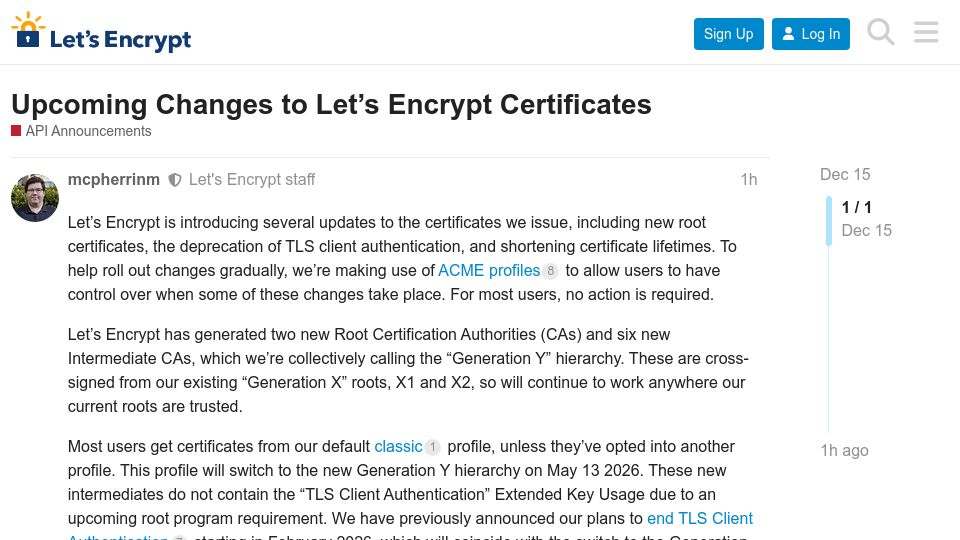 Screenshot of community.letsencrypt.org: Upcoming Changes to Let's Encrypt Certificates
