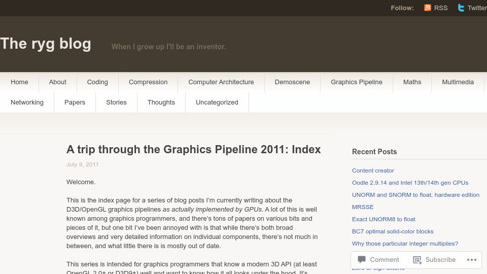 Screenshot of fgiesen.wordpress.com: A trip through the Graphics Pipeline (2011)