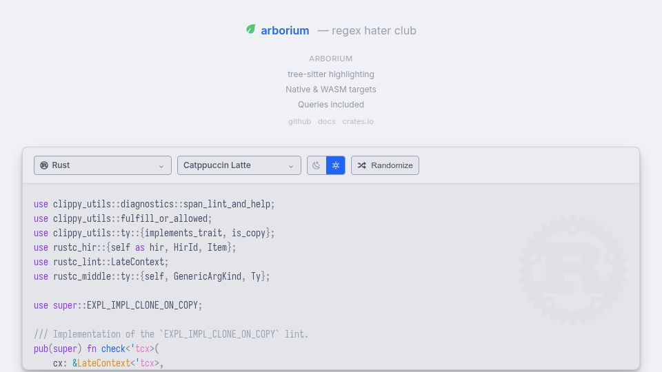 Screenshot of arborium.bearcove.eu: Arborium: Tree-sitter code highlighting with Native and WASM targets