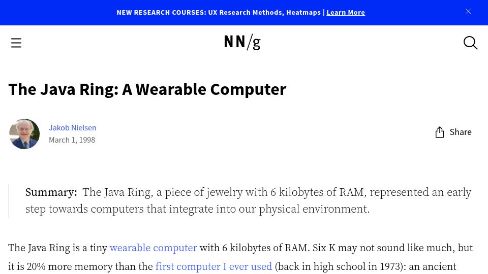 Screenshot of nngroup.com: The Java Ring: A Wearable Computer (1998)