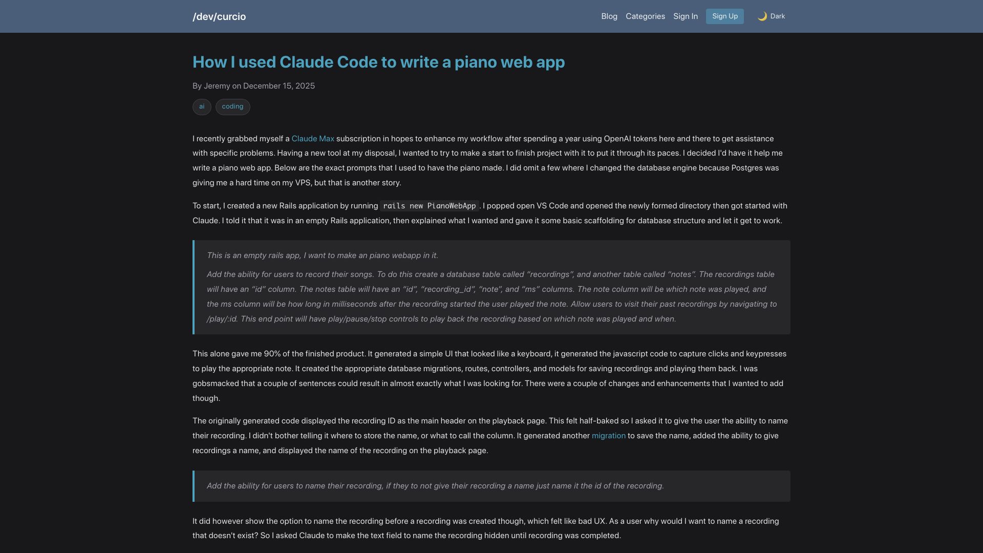Screenshot of jcurcioconsulting.com: I used Claude Code to write a piano web app