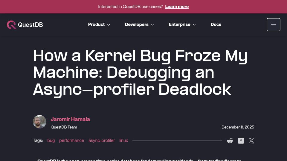Screenshot of questdb.com: A kernel bug froze my machine: Debugging an async-profiler deadlock