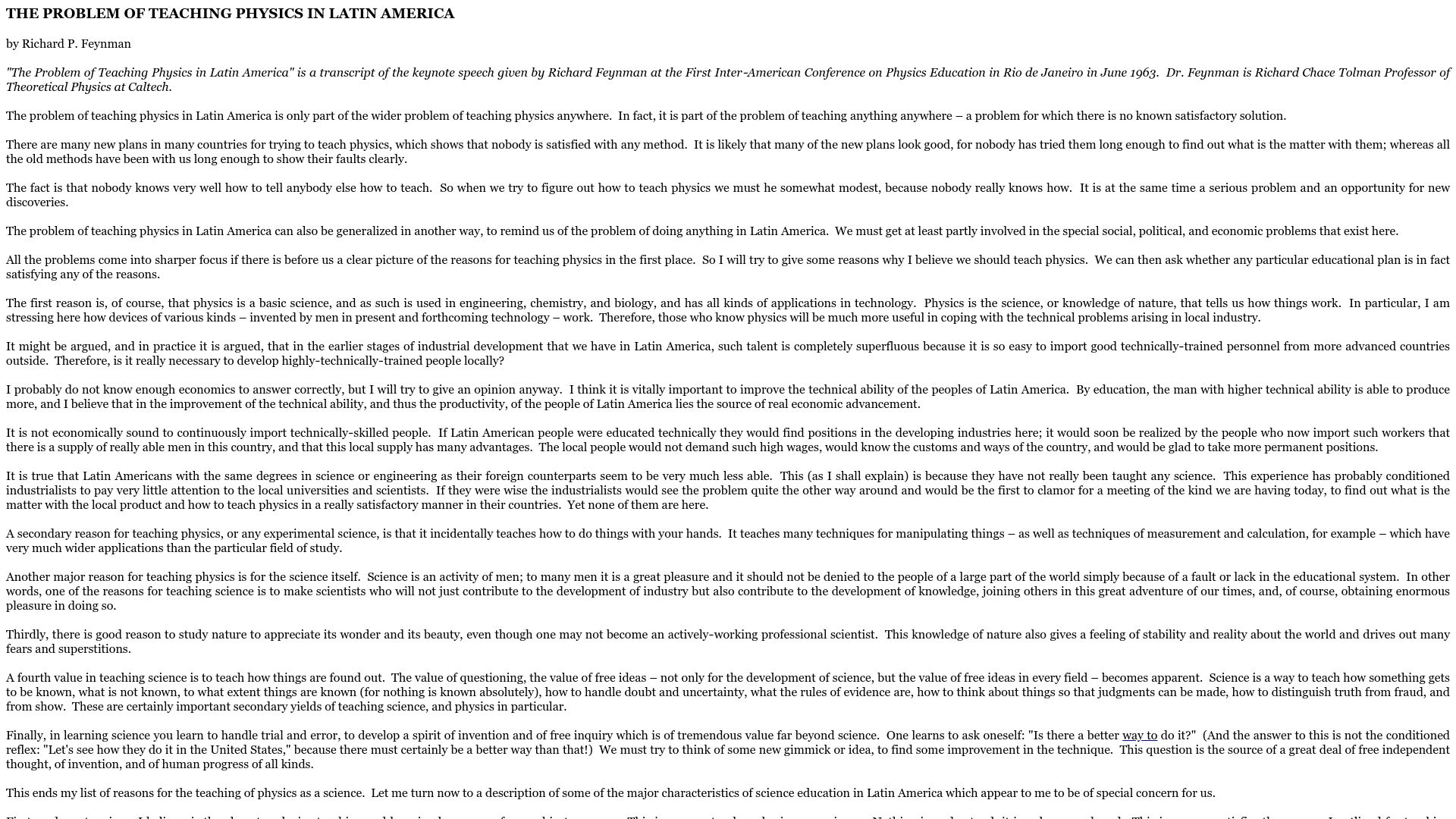 Screenshot of calteches.library.caltech.edu: The Problem of Teaching Physics in Latin America (1963)