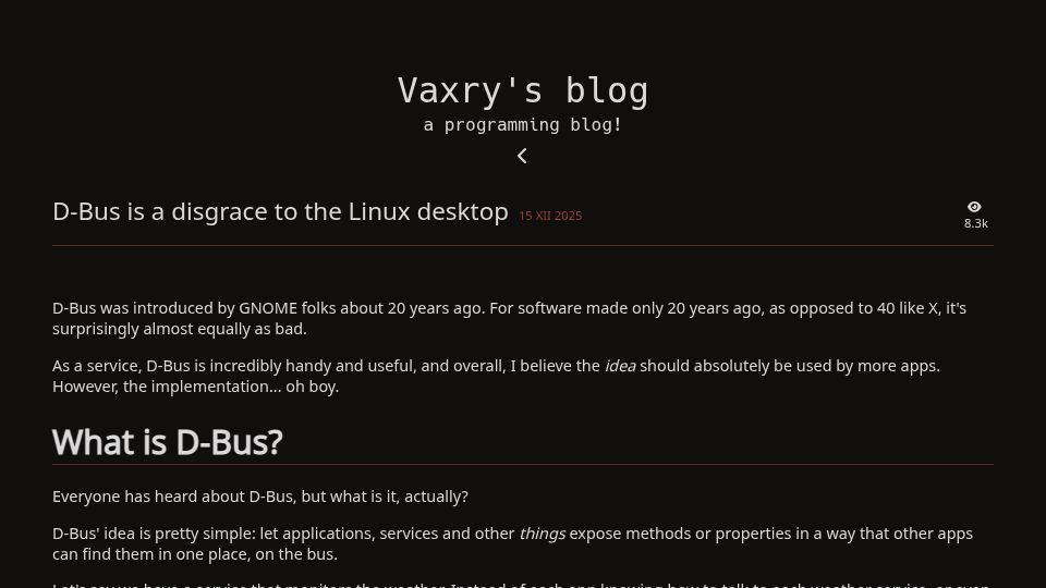Screenshot of blog.vaxry.net: Problems with D-Bus on the Linux desktop