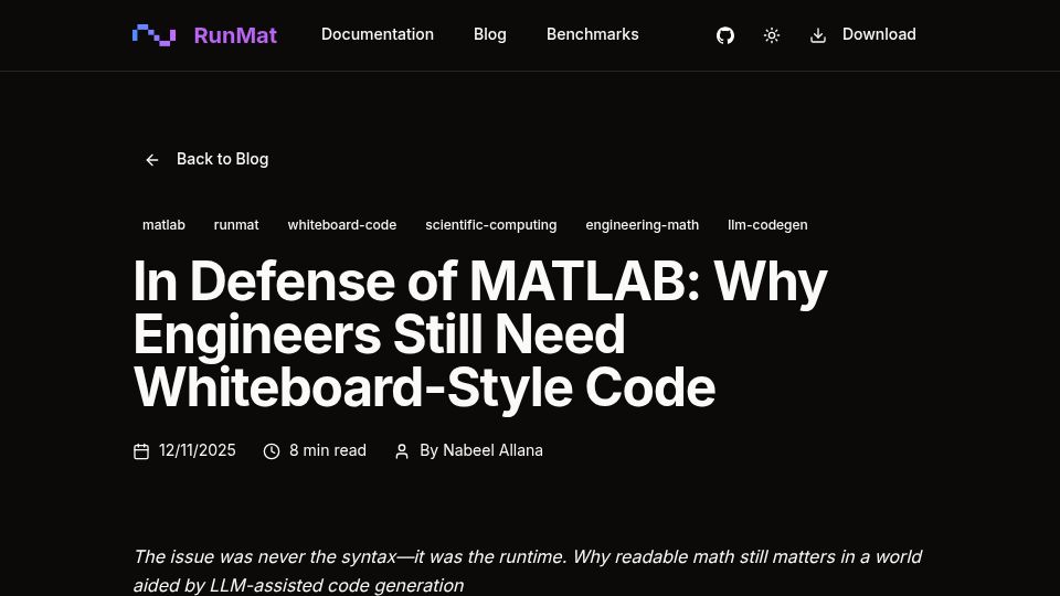 Screenshot of runmat.org: In Defense of Matlab Code