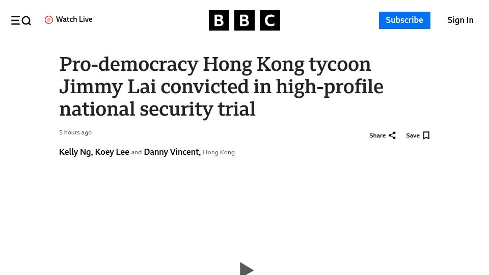 Screenshot of bbc.com: Pro-democracy HK tycoon Jimmy Lai convicted in national security trial