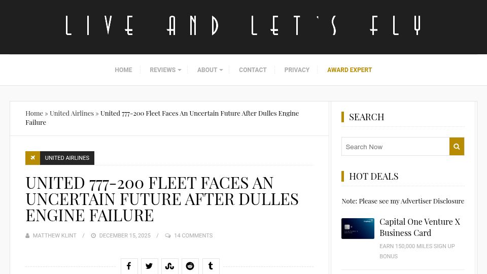 Screenshot of liveandletsfly.com: United 777-200 fleet faces an uncertain future after Dulles engine failure
