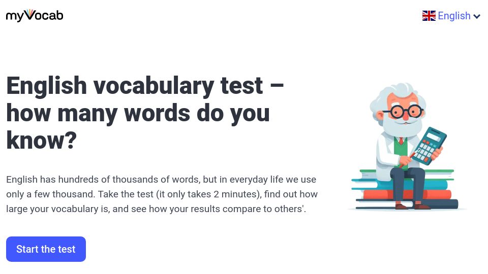 Screenshot of myvocab.info: English vocabulary test – how many words do you know?