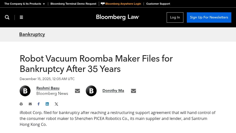Screenshot of news.bloomberglaw.com: Roomba maker goes bankrupt, Chinese owner emerges
