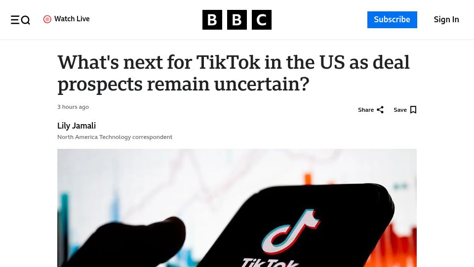 Screenshot of bbc.com: US TikTok investors in limbo as deal set to be delayed again