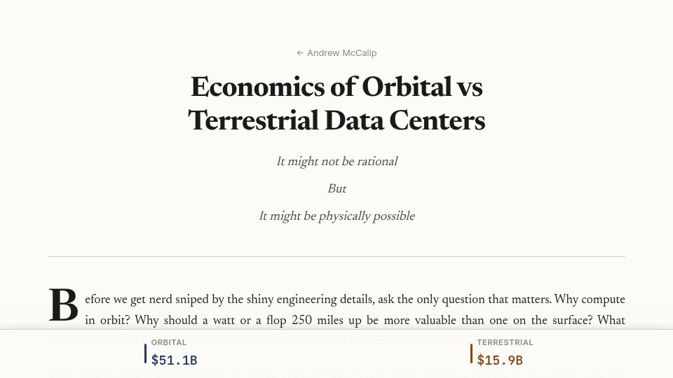 Screenshot of andrewmccalip.com: Economics of Orbital vs. Terrestrial Data Centers