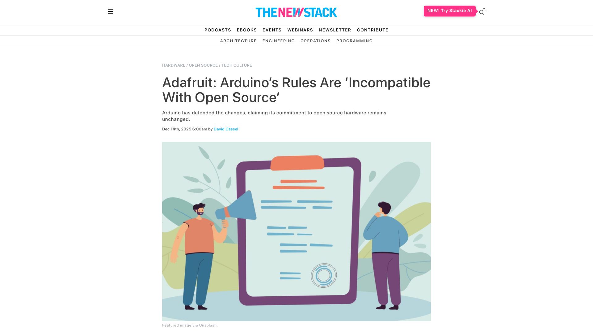 Screenshot of thenewstack.io: Adafruit: Arduino’s Rules Are ‘Incompatible With Open Source’