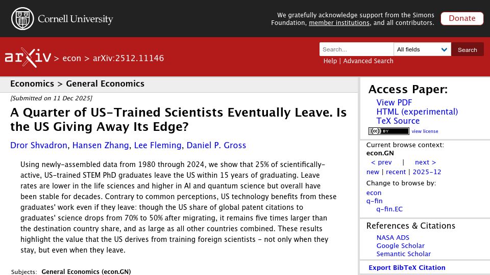 Screenshot of arxiv.org: A quarter of US-trained scientists eventually leave