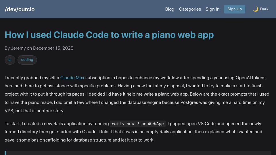 Screenshot of jcurcioconsulting.com: I used Claude Code to write a piano web app