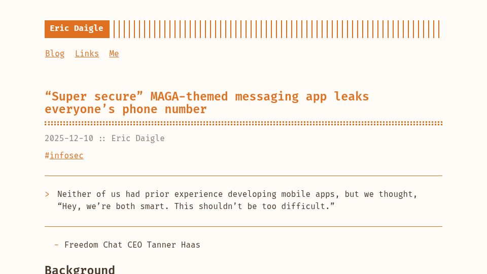 Screenshot of ericdaigle.ca: “Super secure” messaging app leaks everyone's phone number
