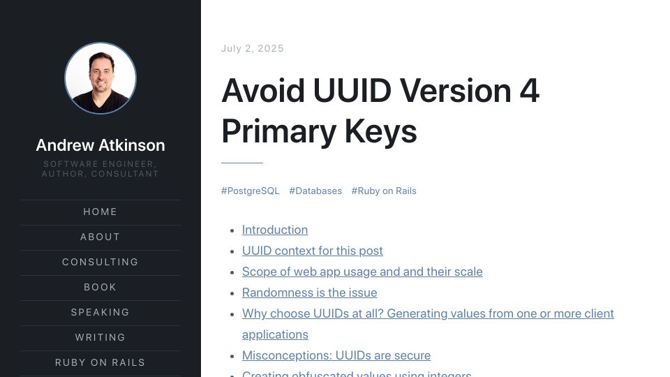 Screenshot of andyatkinson.com: Avoid UUID Version 4 Primary Keys in Postgres
