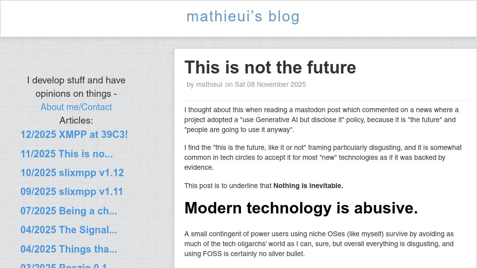 Screenshot of blog.mathieui.net: This is not the future