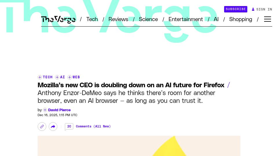 Screenshot of theverge.com: Mozilla's new CEO is doubling down on an AI future for Firefox