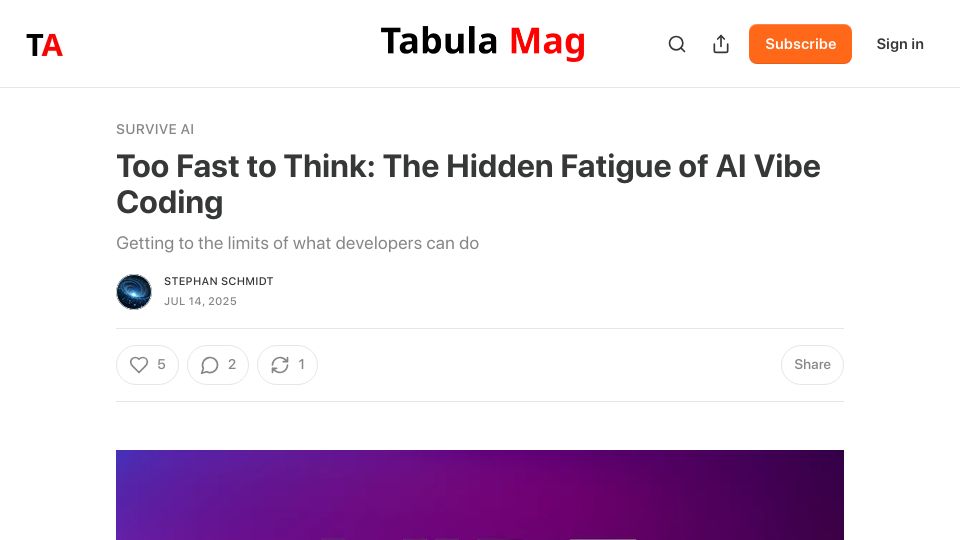 Screenshot of tabulamag.com: Vibe coding creates fatigue?