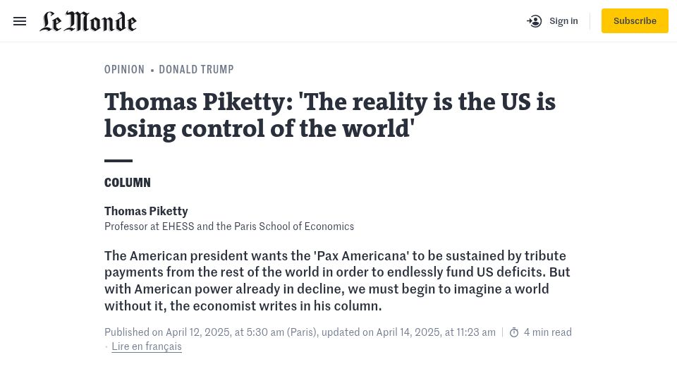 Screenshot of lemonde.fr: Thomas Piketty: 'The reality is the US is losing control of the world'
