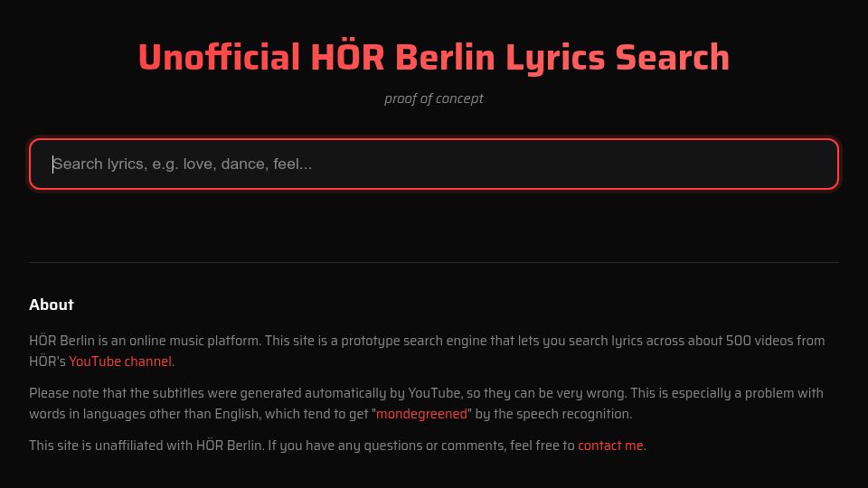 Screenshot of hor.greg.technology: Show HN: Search the lyrics of 500 HÖR Berlin techno sets