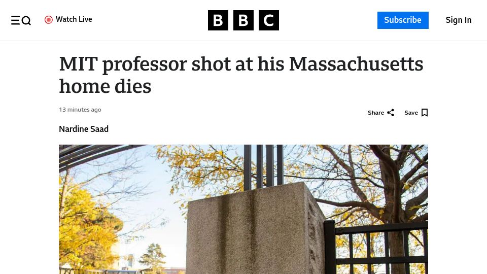 Screenshot of bbc.com: MIT professor shot at his Massachusetts home dies