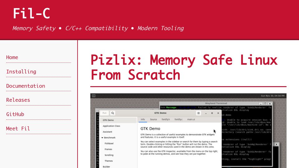Screenshot of fil-c.org: Pizlix: Memory Safe Linux from Scratch
