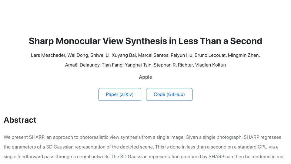 Screenshot of apple.github.io: SHARP, an approach to photorealistic view synthesis from a single image