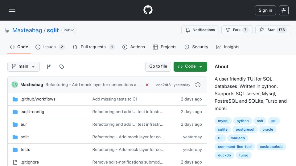 Screenshot of github.com: Show HN: Sqlit – A lazygit-style TUI for SQL databases