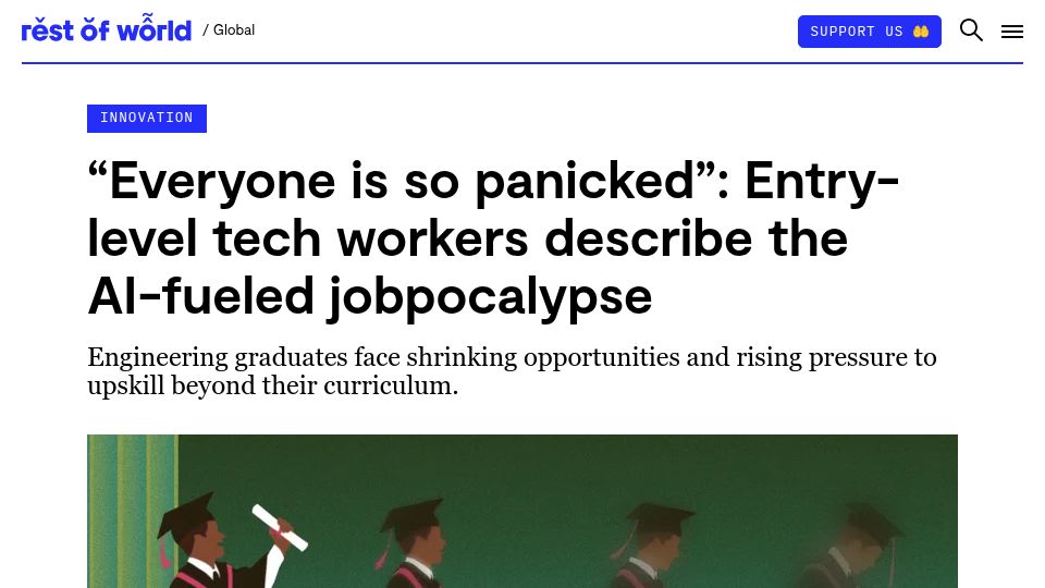 Screenshot of restofworld.org: AI is wiping out entry-level tech jobs, leaving graduates stranded