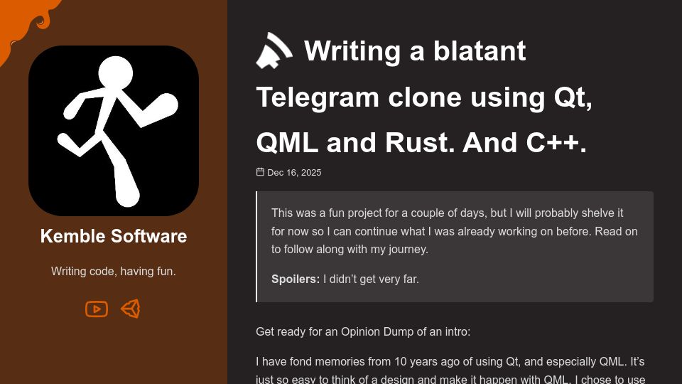 Screenshot of kemble.net: Writing a blatant Telegram clone using Qt, QML and Rust. And C++
