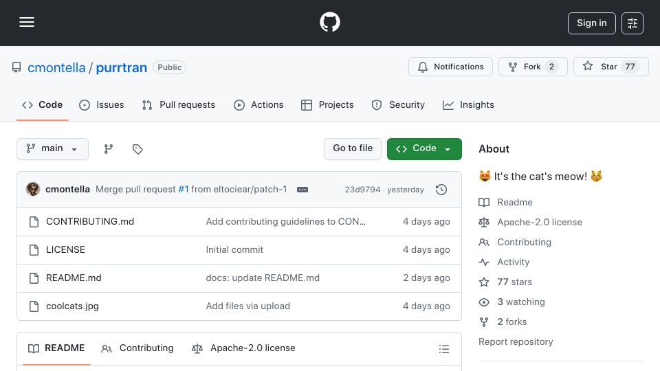 Screenshot of github.com: Purrtran – ᓚᘏᗢ – A Programming Language for Cat People
