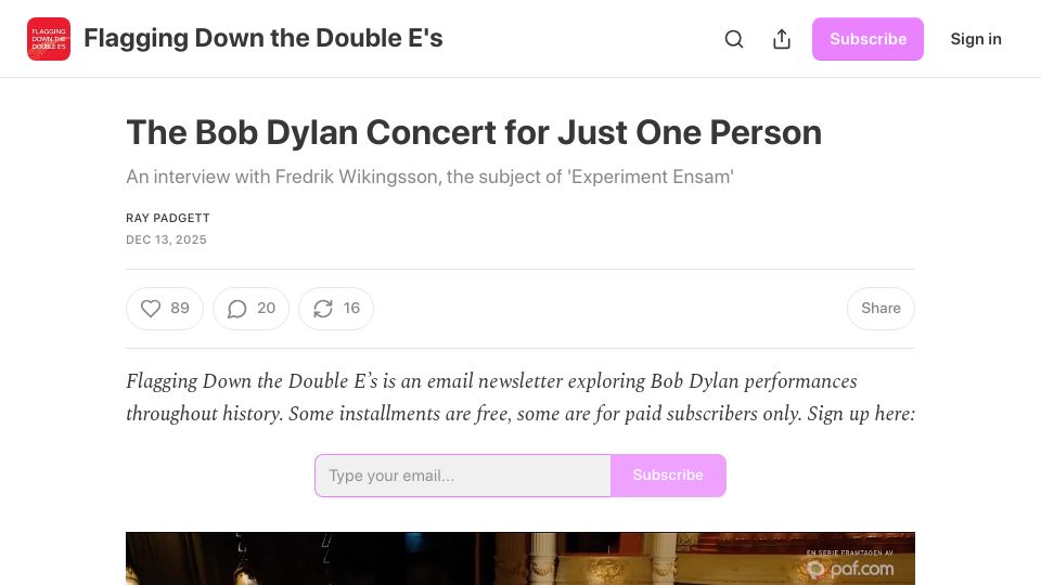 Screenshot of flaggingdown.com: The Bob Dylan concert for just one person