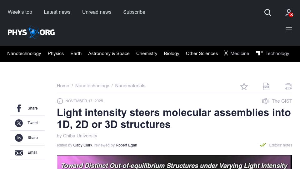 Screenshot of phys.org: Light intensity steers molecular assemblies into 1D, 2D or 3D structures