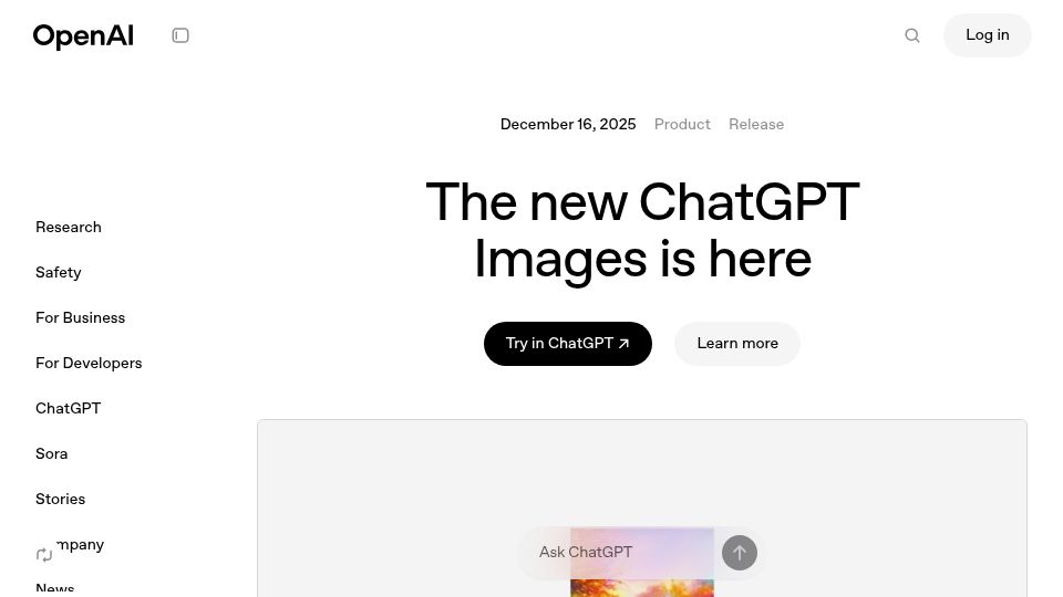 Screenshot of openai.com: The new ChatGPT Images is here