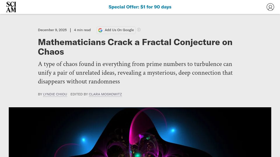 Screenshot of scientificamerican.com: Mathematicians Crack a Fractal Conjecture on Chaos
