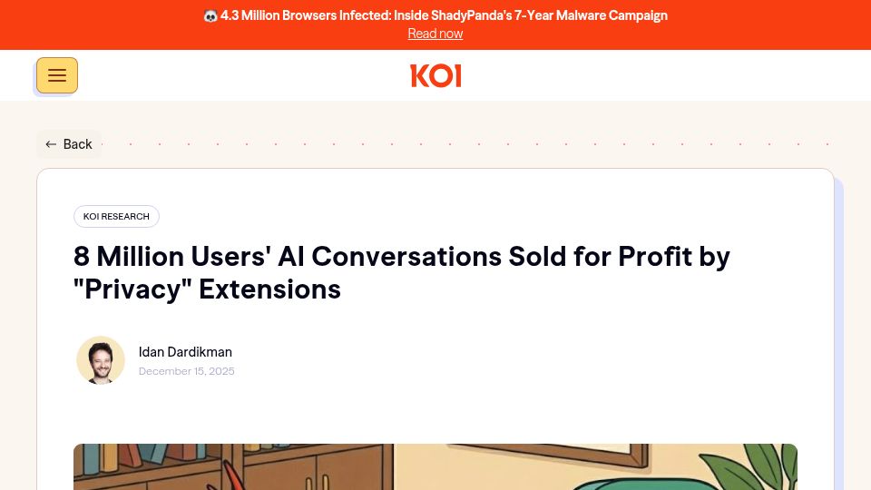 Screenshot of koi.ai: 8M users' AI conversations sold for profit by "privacy" extensions