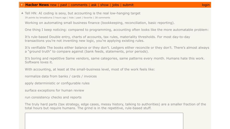 Screenshot of Hacker News post: Tell HN: AI coding is sexy, but accounting is the real low-hanging target