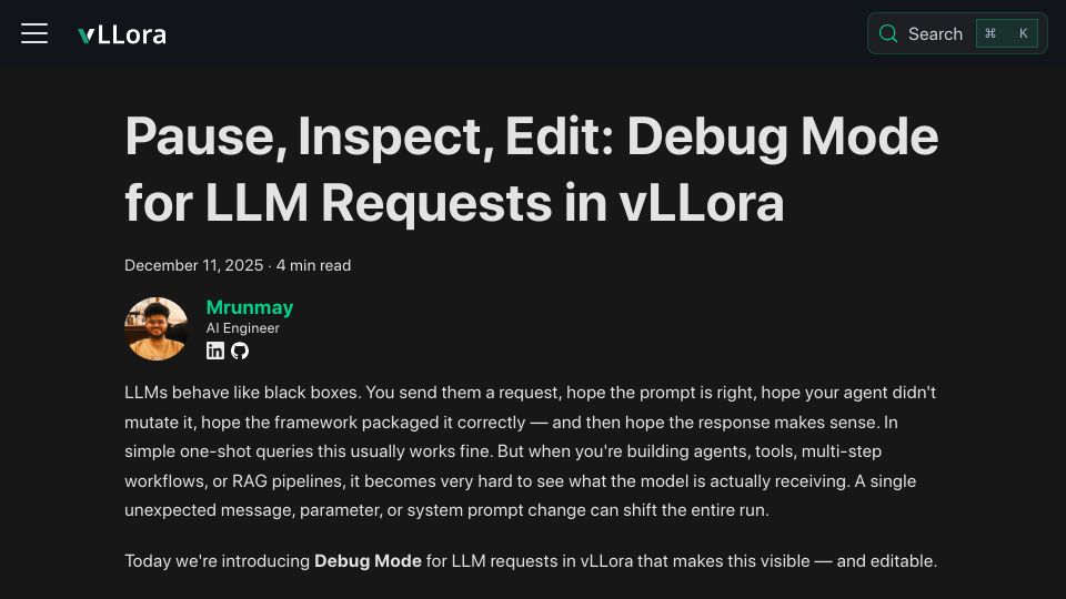 Screenshot of vllora.dev: Debug Mode for LLMs in vLLora