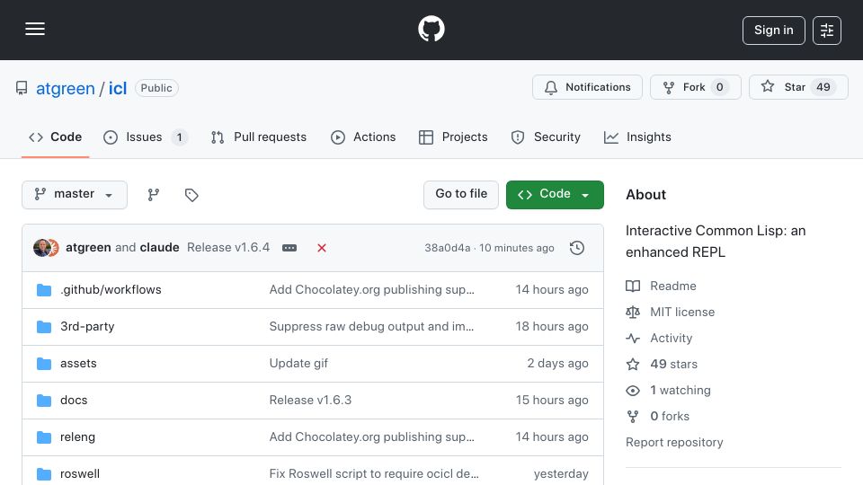 Screenshot of github.com: Show HN: Interactive Common Lisp: An Enhanced REPL