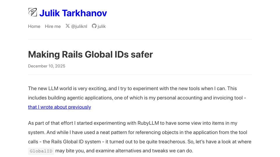 Screenshot of blog.julik.nl: Be Careful with GIDs in Rails