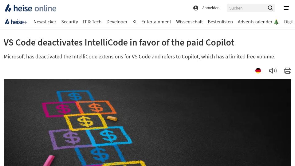 Screenshot of heise.de: VS Code deactivates IntelliCode in favor of the paid Copilot