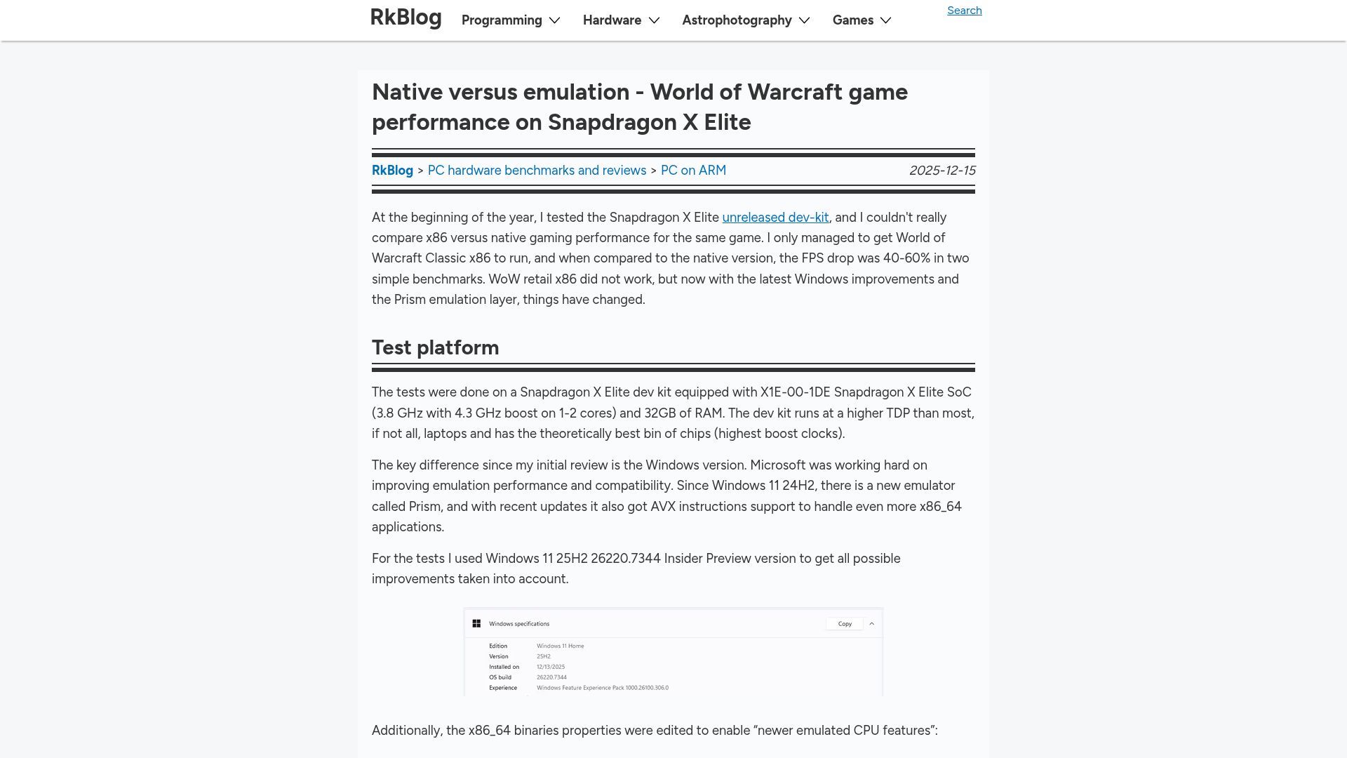 Screenshot of rkblog.dev: Native vs. emulation: World of Warcraft game performance on Snapdragon X Elite