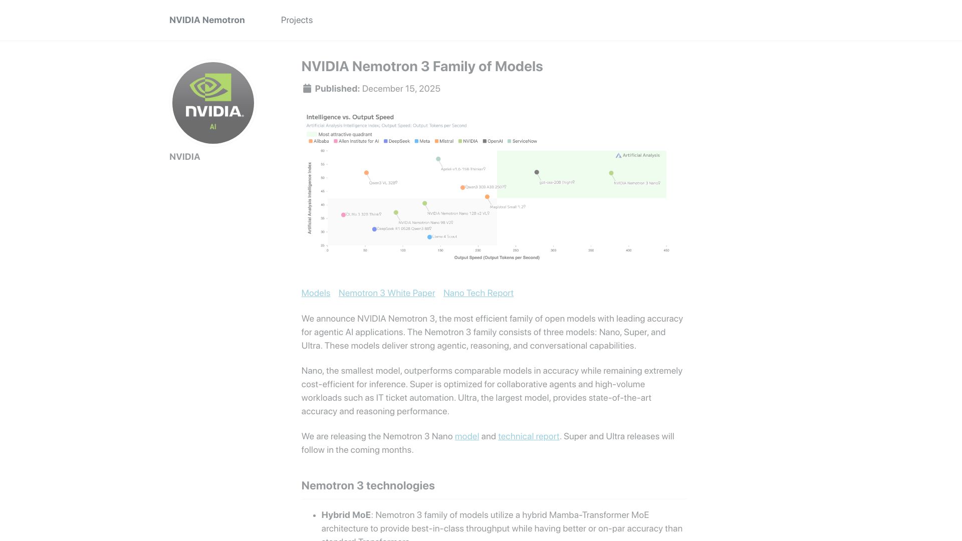 Screenshot of research.nvidia.com: Nvidia Nemotron 3 Family of Models