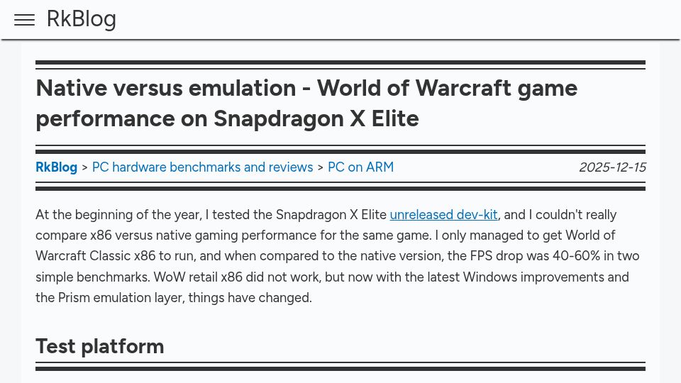Screenshot of rkblog.dev: Native vs. emulation: World of Warcraft game performance on Snapdragon X Elite