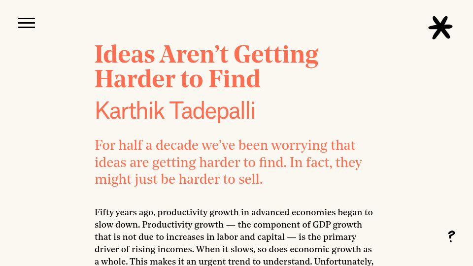 Screenshot of asteriskmag.com: Ideas aren't getting harder to find