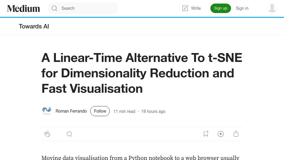 Screenshot of medium.com: A linear-time alternative for Dimensionality Reduction and fast visualisation