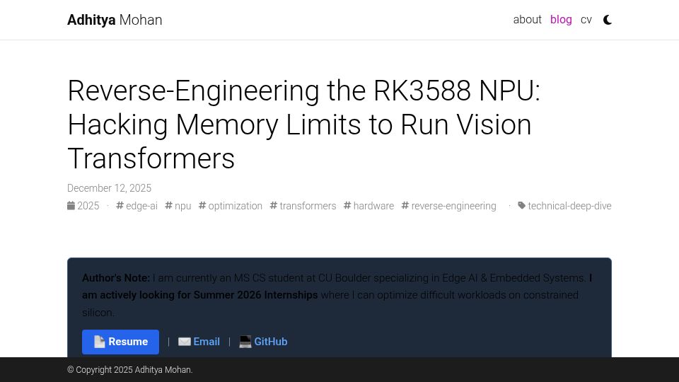 Screenshot of amohan.dev: Reverse-engineering the RK3588 NPU: Hacking limits to run vision transformers