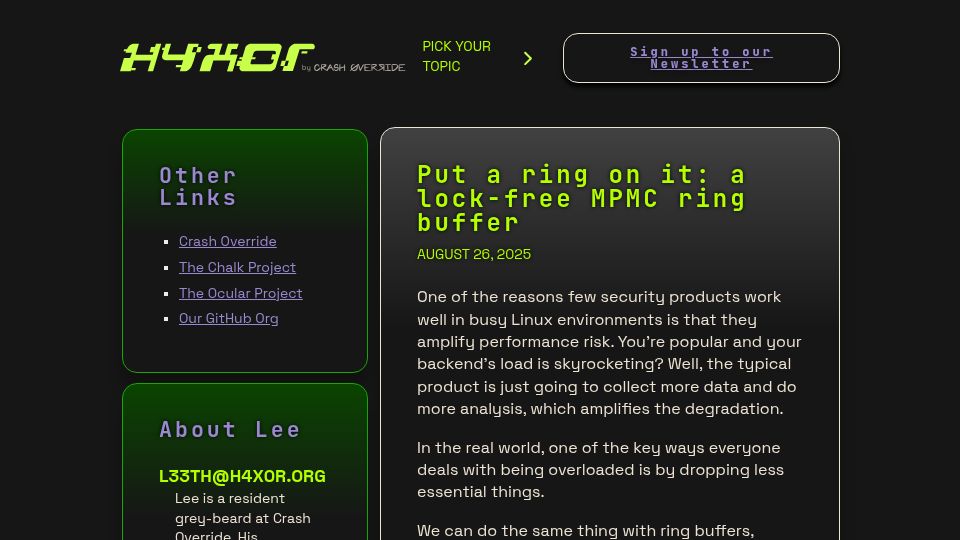 Screenshot of h4x0r.org: Put a ring on it: a lock-free MPMC ring buffer